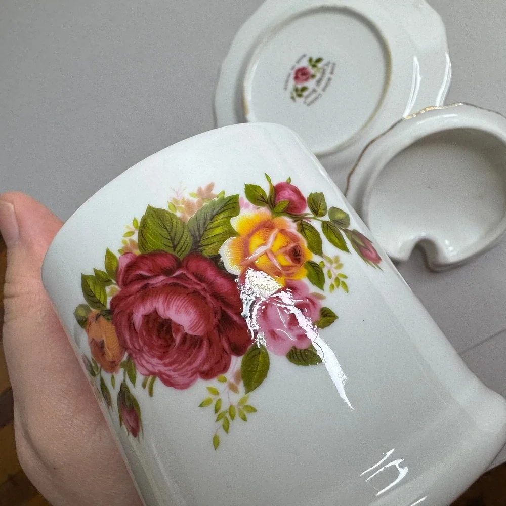 Cottage‎ Rose Fine Bone China Jam Honey Pot with Lid and Saucer Floral Taiwan